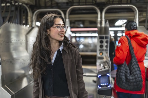 Young businesswoman enters a manhattan subway station, scanning her card at the turnstile during a busy commute, confident and focused on her urban career journey