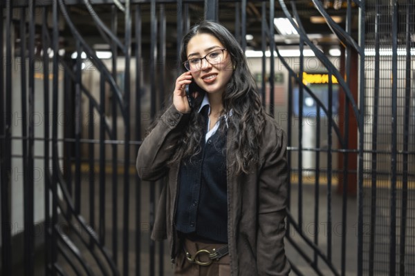 Young businesswoman standing in a new york city subway station, smiling while having a business phone call on her modern smartphone, reflecting urban professional life