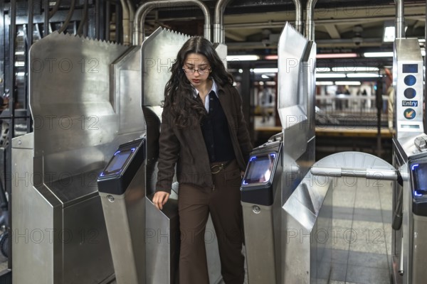Young professional woman with glasses and dark wavy hair passes a modern subway turnstile in manhattan, commuting through an urban underground station during rush hour