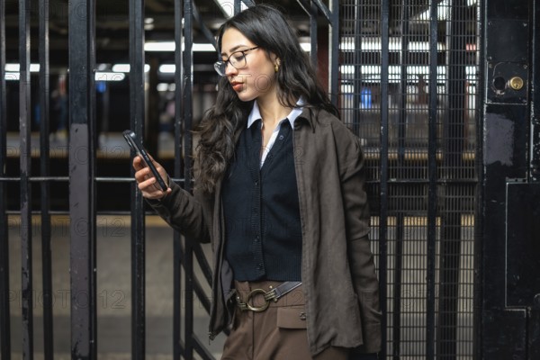 Young businesswoman standing in a new york city subway station, checking her mobile phone while commuting, representing modern urban connectivity and professional life