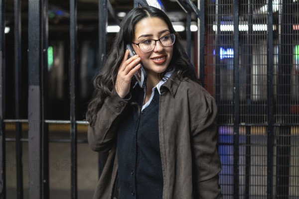 Young professional businesswoman smiling, talking on a mobile phone, and standing on a new york city subway platform while commuting in an urban environment