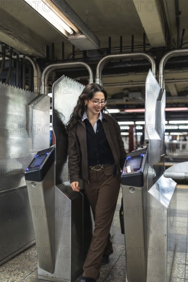Young businesswoman with glasses and professional attire entering a new york city subway station turnstile, experiencing daily urban commute and public transportation