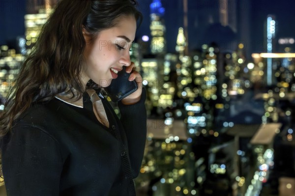 Young businesswoman smiling while talking on a mobile phone with a blurred illuminated new york city skyline as background, representing communication, success, and urban living