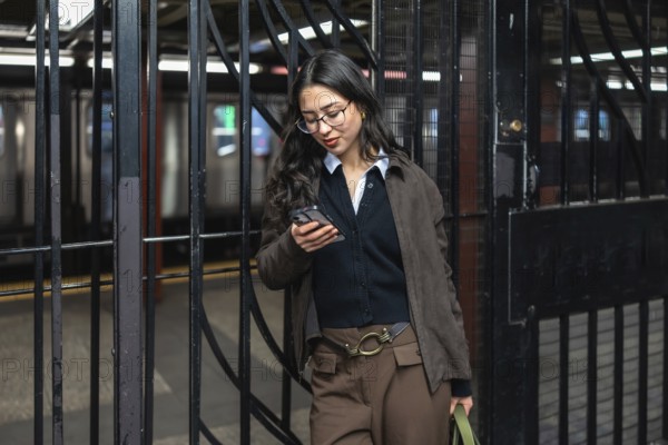 Young businesswoman with glasses checking her mobile phone while commuting in a manhattan subway station, representing urban lifestyle, connectivity and professional dynamism