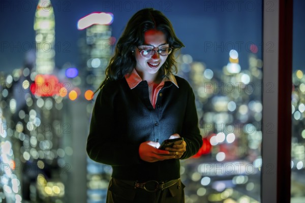Young businesswoman with glasses smiling. Holding smartphone. And texting or browsing online during evening in a high rise office with the illuminated new york city skyline visible through the window
