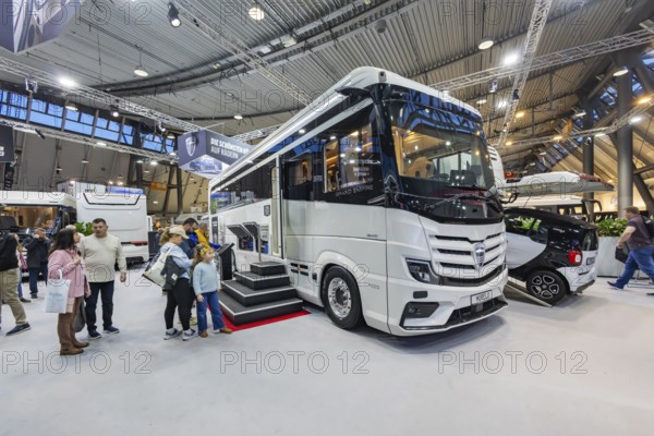 Luxury motorhome from the Morelo brand. Caravan — Motor — Tourism trade fair in Stuttgart. According to the exhibition organizer, CMT is the world's largest public trade fair for tourism and leisure. Stuttgart, Baden-Württemberg, Germany