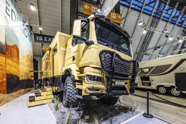 Expedition motorhome from RB Expedition GmbH. 6x6 off-road vehicle with luxury equipment. The list price is over 1.5 million euros. Caravan — Motor — Tourism exhibition in Stuttgart. According to the exhibition organizer, CMT is the world's largest public trade fair for tourism and leisure. Stuttgart, Baden-Württemberg, Germany