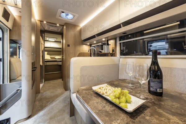 Luxury motorhome from the Morelo brand. Luxury camper interior. Caravan — Motor — Tourism trade fair in Stuttgart. According to the exhibition organizer, CMT is the world's largest public trade fair for tourism and leisure. Stuttgart, Baden-Württemberg, Germany