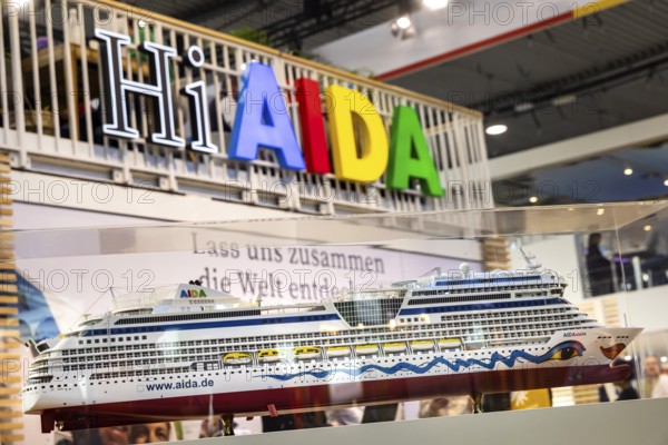 Caravan — Motor — Tourism trade fair in Stuttgart. According to the exhibition organizer, CMT is the world's largest public trade fair for tourism and leisure with 268, 000 visitors. AIDA Cruises exhibition stand with a model of a cruise ship. Stuttgart, Baden-Württemberg, Germany