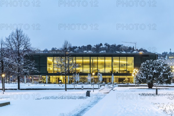 Exterior view of the state parliament building. Winter in Stuttgart. The city is wintry white early in the morning. Stuttgart, Baden-Württemberg, Germany