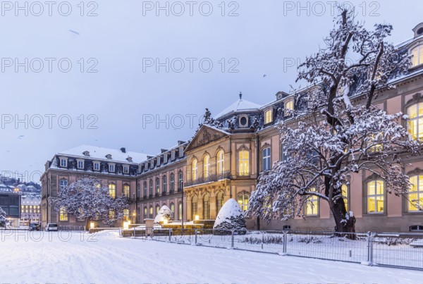 New castle. Winter in Stuttgart. The city is wintry white early in the morning. Stuttgart, Baden-Württemberg, Germany