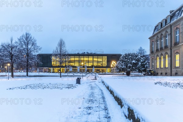 Exterior view of the state parliament building, the New Palace on the right. Winter in Stuttgart. The city is wintry white early in the morning. Stuttgart, Baden-Württemberg, Germany