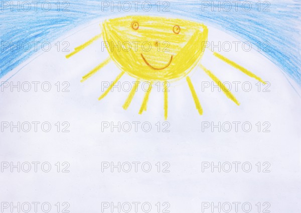 Naive illustration, children's drawing, sun with blue sky, free text, Austria