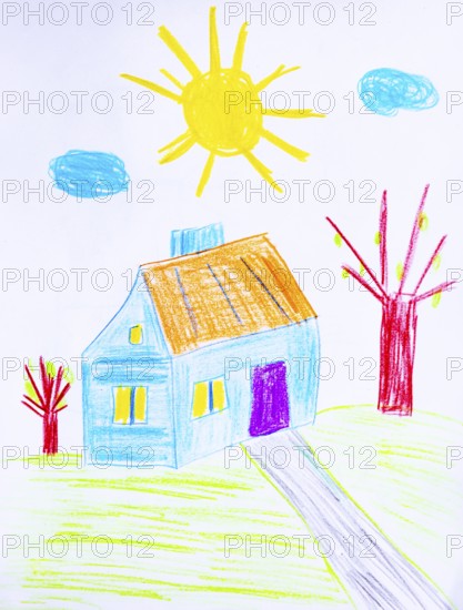 Naive illustration, children's drawing, house in the garden, sunshine and cloud, Austria