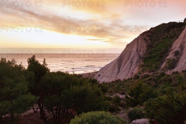 Scala dei Turchi chalk cliffs, coastline at sunset, Realmonte, Agrigento, Sicily, south coast, Mediterranean Sea, Italy