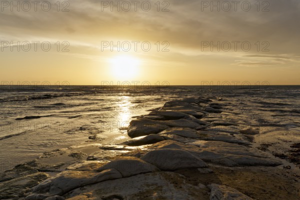 Rocky coast at sunset, Lido Scala dei Turchi, Realmonte, Agrigento, Sicily, south coast, Mediterranean Sea, Italy