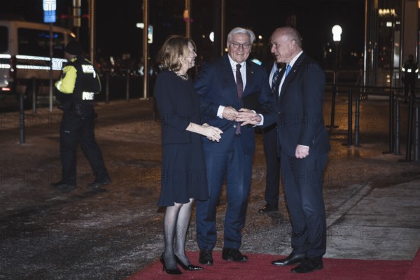 Frank-Walter Steinmeier and woman Elke Büdenbender are welcomed by Kai Wegner on arrival for dinner in honor of the Honorary Citizen of Berlin, Federal President Frank-Walter Steinmeier, given by Kai Wegner, Governing Mayor of Berlin, at Berlin's Red Town Hall on 28.01.2026