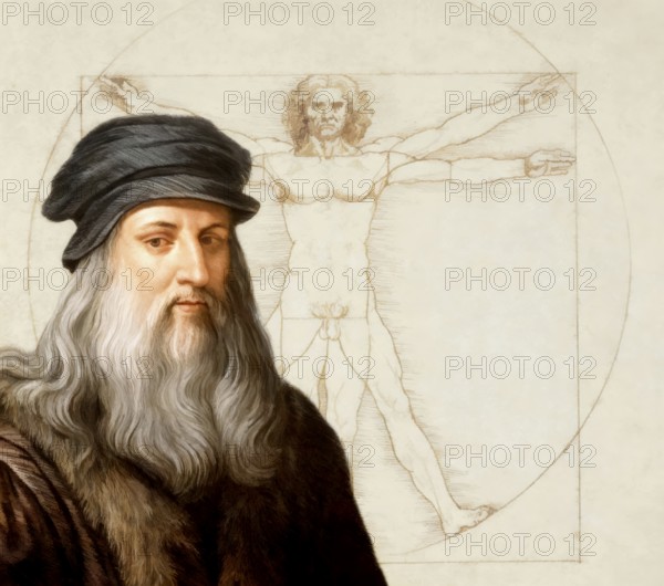 Leonardo da Vinci, 1452 - 1519, Italian painter, sculptor, architect and engineer, the painting The Vitruvian Man, digitally edited