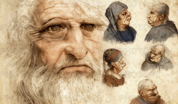 Leonardo da Vinci, 1452 - 1519, Italian painter, sculptor, architect and engineer, his painting Five caricature heads, digitally edited
