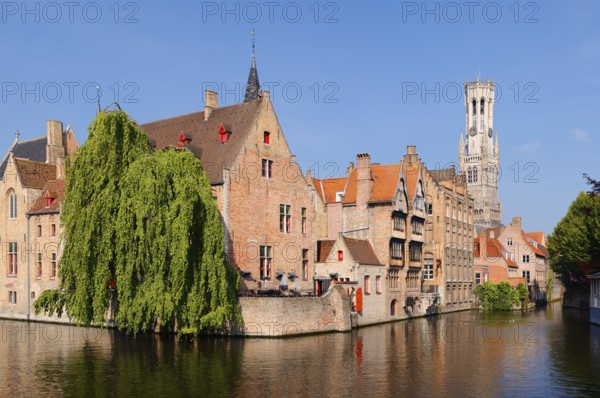 Belfry and houses on the canal, Rozenhoedkaai, Bruges, West Flanders, Flanders, Belgium