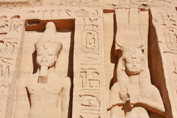 Statues of Ramesses II and Nefertari, Temple of Hathor or Temple of Nefertari, Temple of Abu Simbel, UNESCO World Heritage Site, Nubia, Egypt