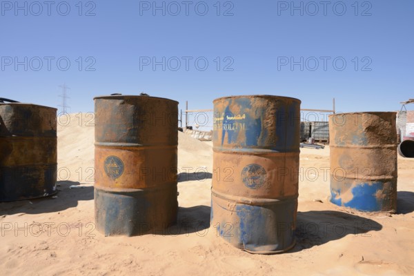 Empty kerosene barrels at a gas station in the Arabian Desert, Egypt