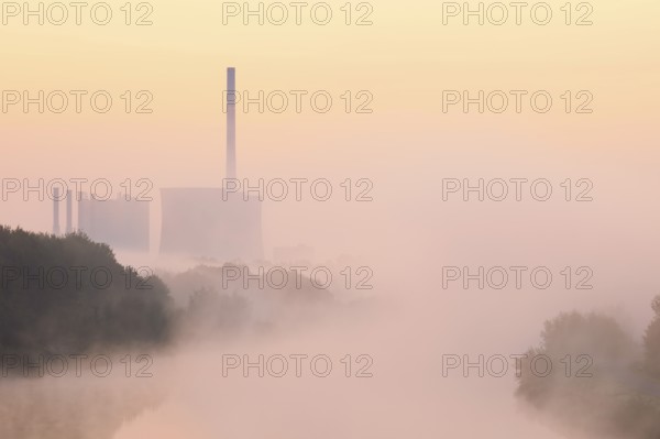 Datteln-Hamm Canal and Gersteinwerk power plant in morning fog at sunrise, Bergkamen, North Rhine-Westphalia, Germany