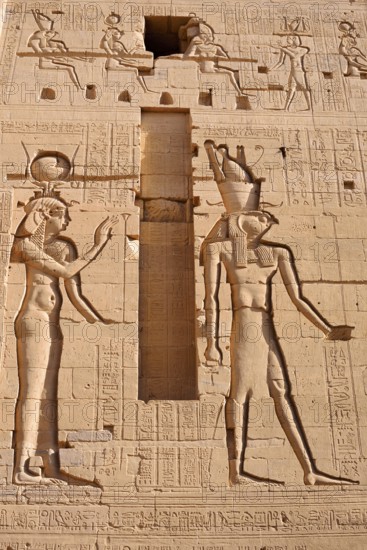 Relief of the falcon-headed god Horus and the goddess Hathor, temple of Philae, UNESCO World Heritage Site, Agilkia island, Aswan, Nubia, Egypt
