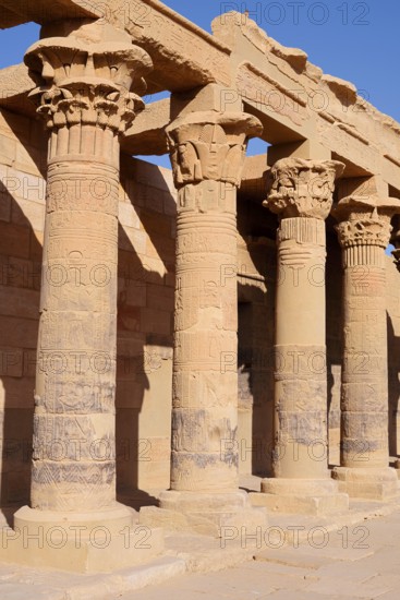 Colonnade or colonnade, Philae Temple, UNESCO World Heritage Site, Agilkia Island, Aswan, Nubia, Egypt