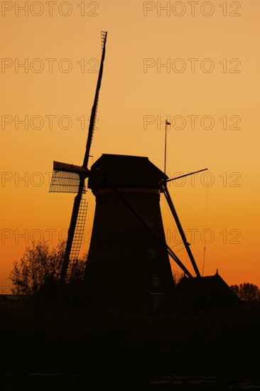 Historic windmill at sunset, UNESCO World Heritage Site, Kinderdijk, South Holland, Netherlands
