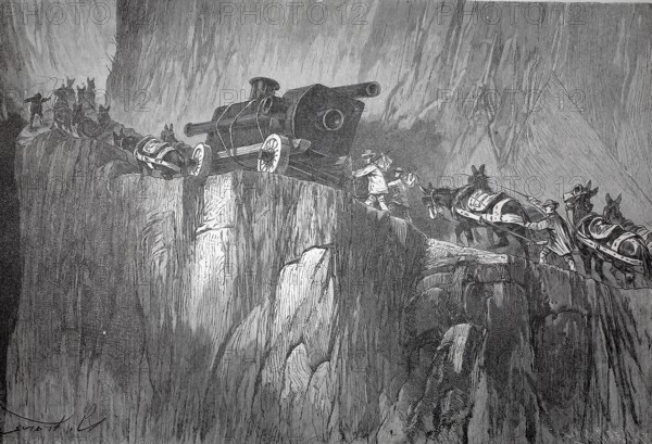 Settlers with carriages on a narrow mountain pass in Colorado, trek, 1880, America, authentic, digitally restored reproduction from a 19th century model, exact date of depiction unknown, historical