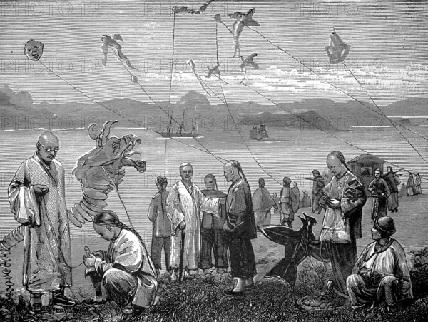 The Kite Festival in China, authentic, digitally restored reproduction from a 19th century model, exact date of depiction unknown, historical