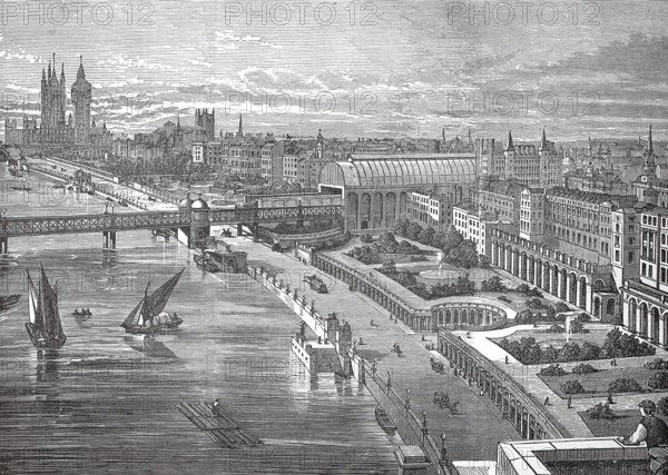 London, City and Thames, England, authentic, digitally restored reproduction from a 19th century original, exact date of depiction unknown, historical