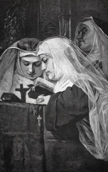 Nuns praying in a monastery, authentic, digitally restored reproduction from a 19th century model, exact date of presentation unknown, historical