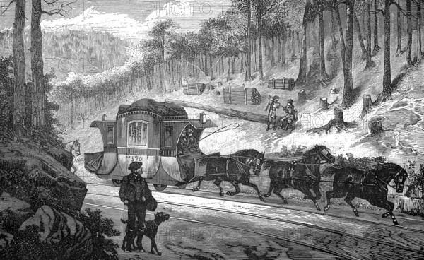 The first horse-drawn tram, horse-drawn tram, is a historic mode of transport that travels on rails and is pulled by horses, Austria, authentic, digitally restored reproduction from a 19th century original, exact date of depiction unknown, historical