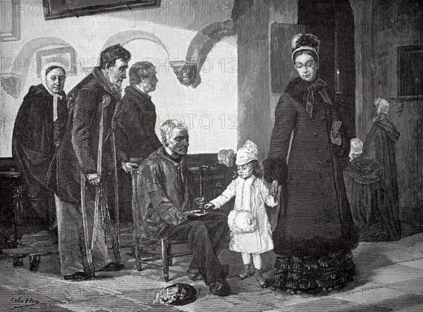 Family going to church, child giving alms to a beggar, charity, Germany, authentic, digitally restored reproduction from a 19th century model, exact date of presentation unknown, historical