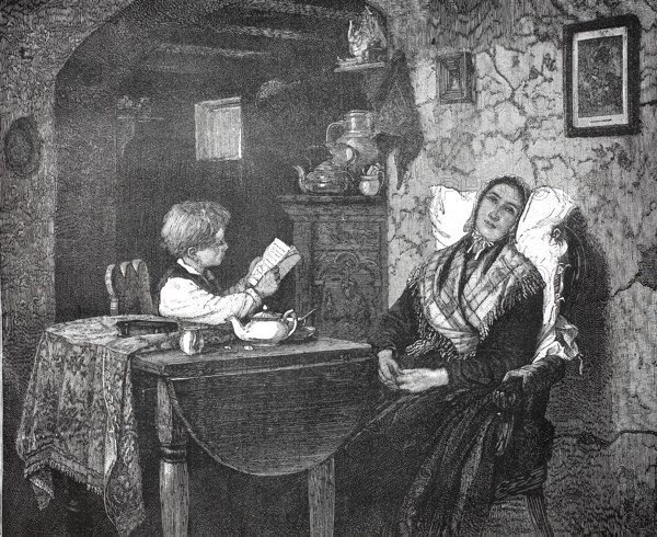 Child reading from a book to the sick mother, at home, at the kitchen table, authentic, digitally restored reproduction from a 19th century original, exact date of presentation unknown, historical