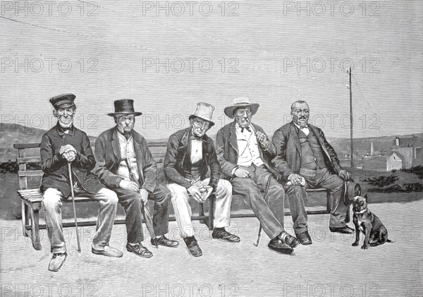 The pensioner's bench, five old men sitting on a bench, Sunday afternoon, watching the surrounding area, America, authentic, digitally restored reproduction from a 19th-century original, exact date of depiction unknown, historical