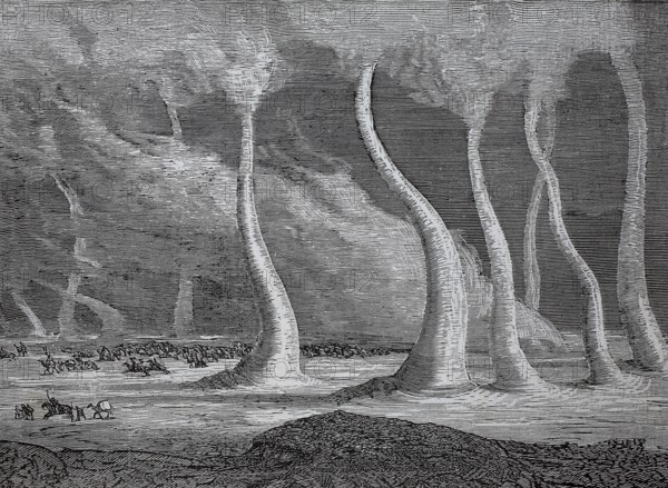 Sandhosen or windhosen, small trombone, air vortex with vertical axis, in the American steppe, 1880, authentic, digitally restored reproduction from a 19th century model, exact date of presentation unknown, historical