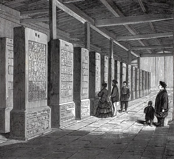Public library in China, 1880, authentic, digitally restored reproduction from a 19th century model, exact date of presentation unknown, historical