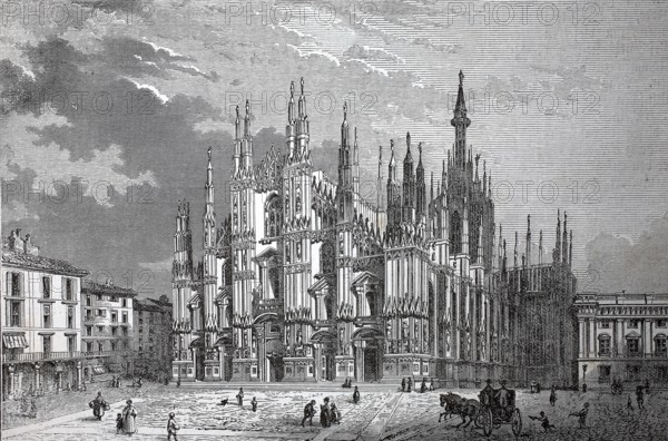 The cathedral, Duomo di Milano, officially Cattedrale Metropolitana della Natività della Beata Vergine Maria, in Milan in 1880, Italy, authentic, digitally restored reproduction from a 19th century model, exact date of presentation unknown, historical