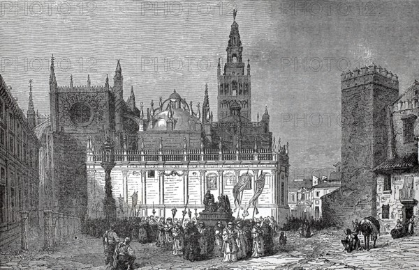 The Cathedral of Seville, 1880, Spain, authentic, digitally restored reproduction from a 19th century model, exact date of depiction unknown, historical