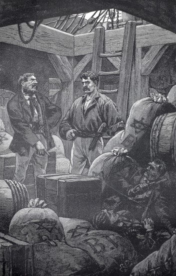 The sailors have discovered that there are blind passengers hiding among the load, seafaring, 1880, authentic, digitally restored reproduction from a 19th century original, exact date of depiction unknown, historical