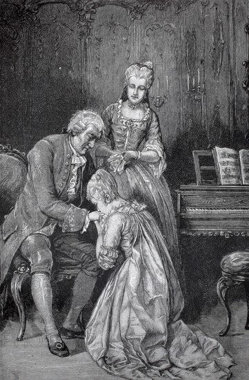 The daughter pays homage to the father and kisses his hand, the mother watches, 1880, France, authentic, digitally restored reproduction from a 19th century model, exact date of presentation unknown, historical