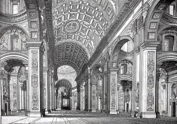 Central nave of St. Peter's Church, St. Peter's Basilica in the Vatican, Rome, 1880, Italy, authentic, digitally restored reproduction from a 19th century model, exact date of depiction unknown, historical