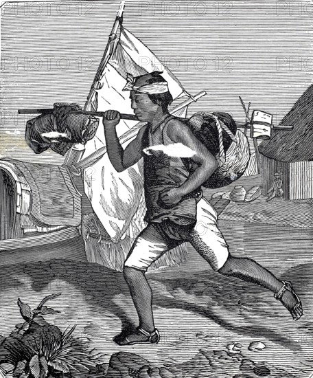 A Japanese postman traveling with letters and parcels, 1880, authentic, digitally restored reproduction from a 19th century original, exact date of presentation unknown, historical