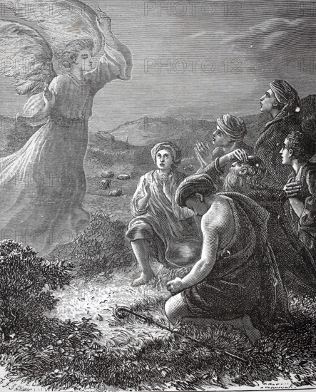Angel appears to the shepherds in the Christmas story (Luke 2, 8-20) in the fields near Bethlehem, announces the birth of the Saviour Jesus Christ and gives them a sign to find him as a child wrapped in swaddling clothes in a manger, authentic, digitally restored reproduction from a 19th century original, exact date of depiction unknown, Historical