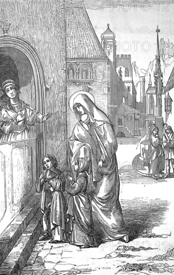 Saint Elizabeth, Saint of the Catholic Church, is rejected by residents of Eisenach, Germany, authentic, digitally restored reproduction from a 19th-century model, exact date of depiction unknown, historical