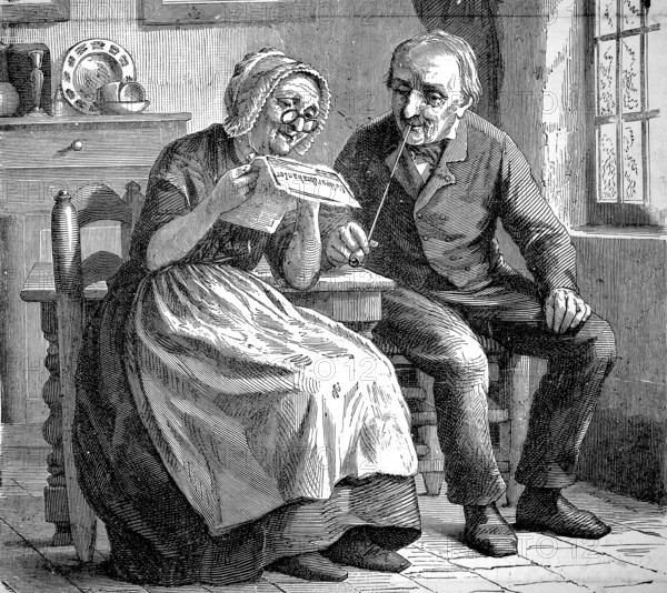 Grandparents, elderly couple sitting at the kitchen table, she reads from the newspaper, he smokes a pipe, around 1880, Holland, authentic, digitally restored reproduction from a 19th century original, exact date of presentation unknown, historical