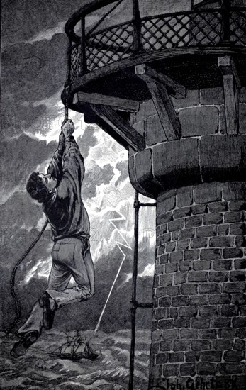 Between sky and ocean, man holding onto a rope attached to a lighthouse, authentic, digitally restored reproduction from a 19th-century original, exact date of depiction unknown, historical